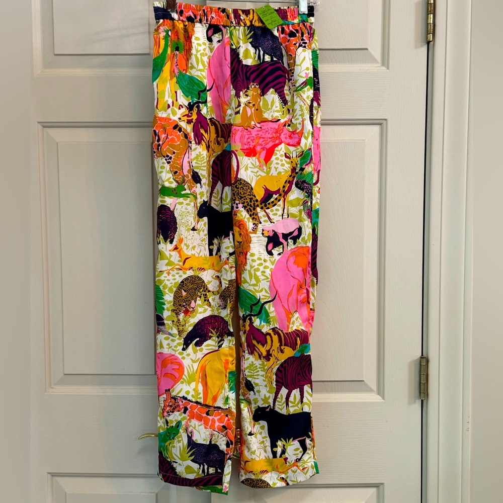 J. Crew Pink and Yellow Wide Leg Pants with Bold Animal Print